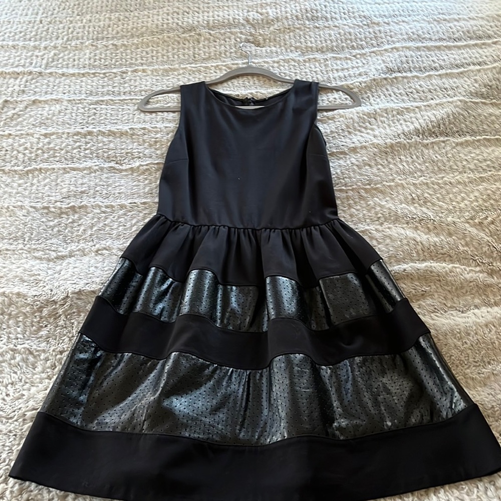 Perforated Leather Panel Fit and Flare Dress